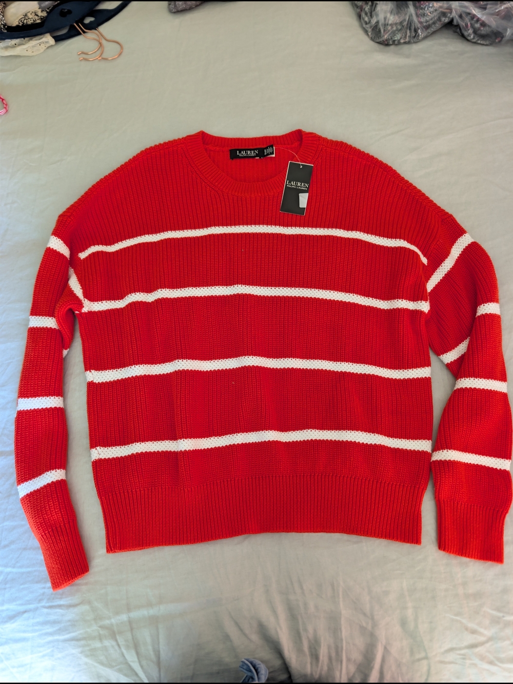 NWT Lauren Ralph Lauren Orange White Striped Cotton Sweater XL